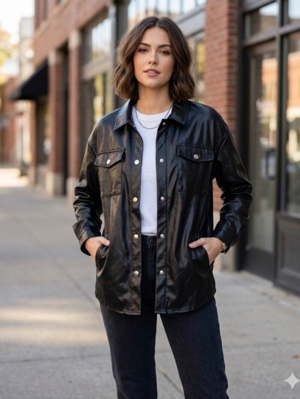 SHEIN Black Faux Leather Snap-Front Shirt Jacket